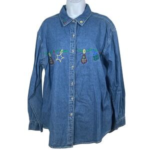 Basic Editions Holiday Womens Large Blue Denim Embroidered Christmas Shirt NWT